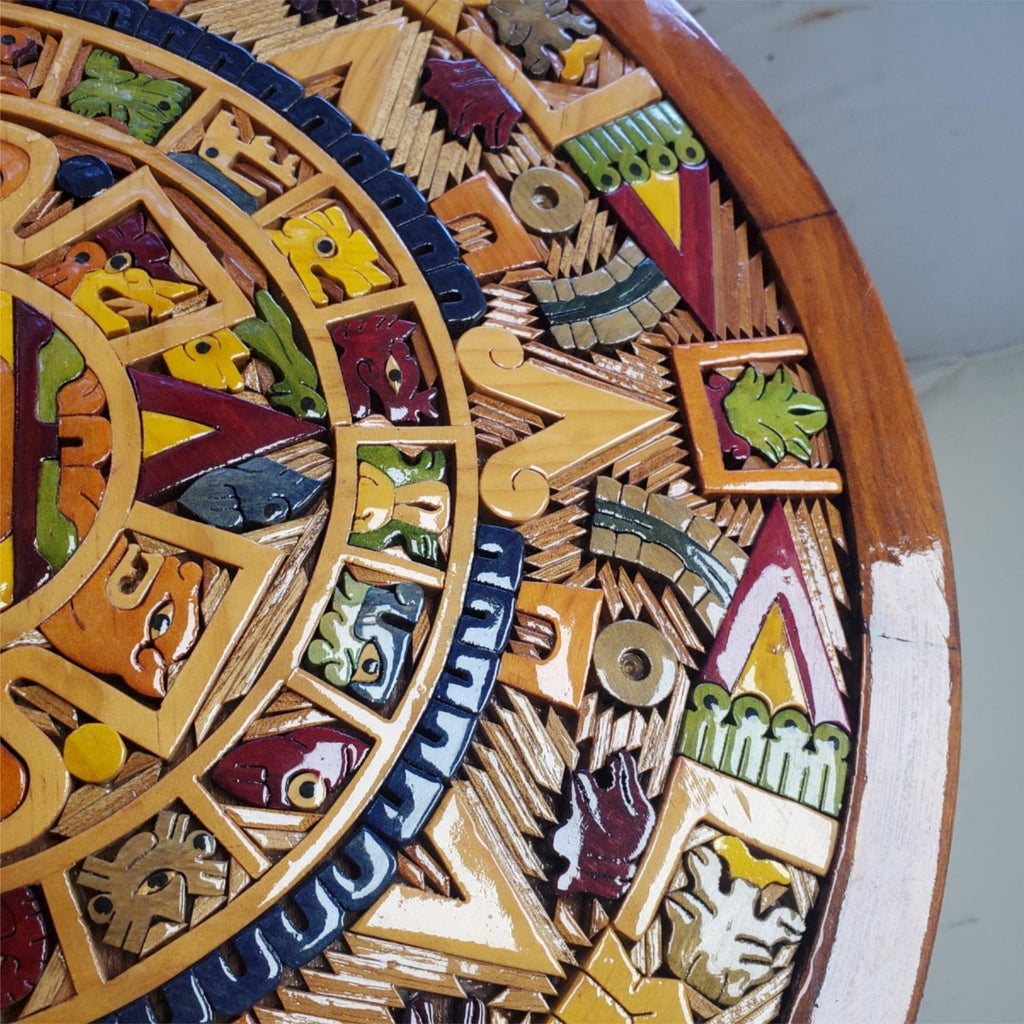 Beautiful Aztec Mayan Calendar Hand Carved Wooden Art