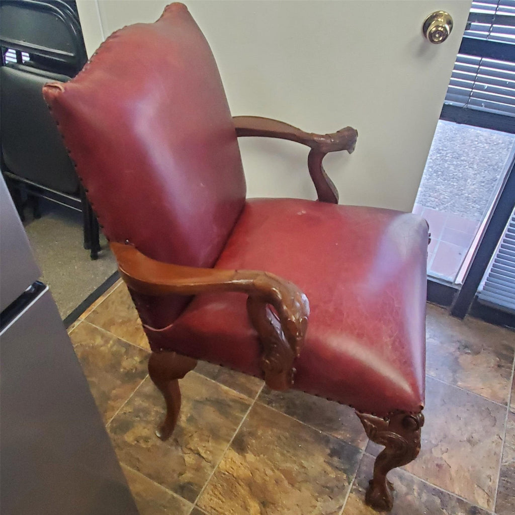 Antique Vintage Red Leather and Carved Owl Wood Armchair Law Office Chair
