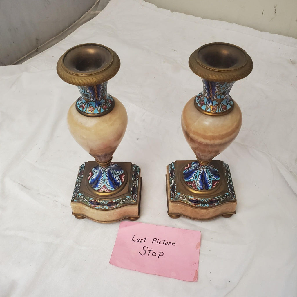Antique French Champleve Enamel Brass Candle Holders Pair Ornate 6 1/8" Tall