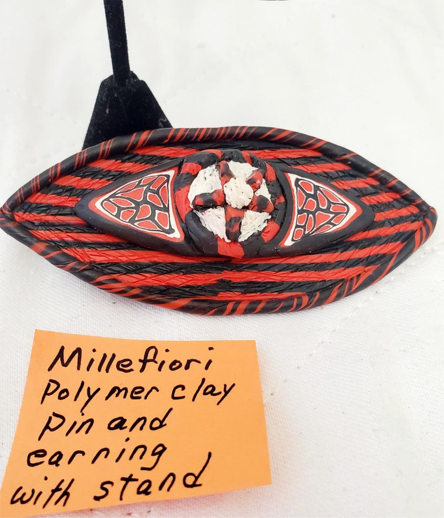 Millefiori Polymer Clay Pin and Earrings with Stand