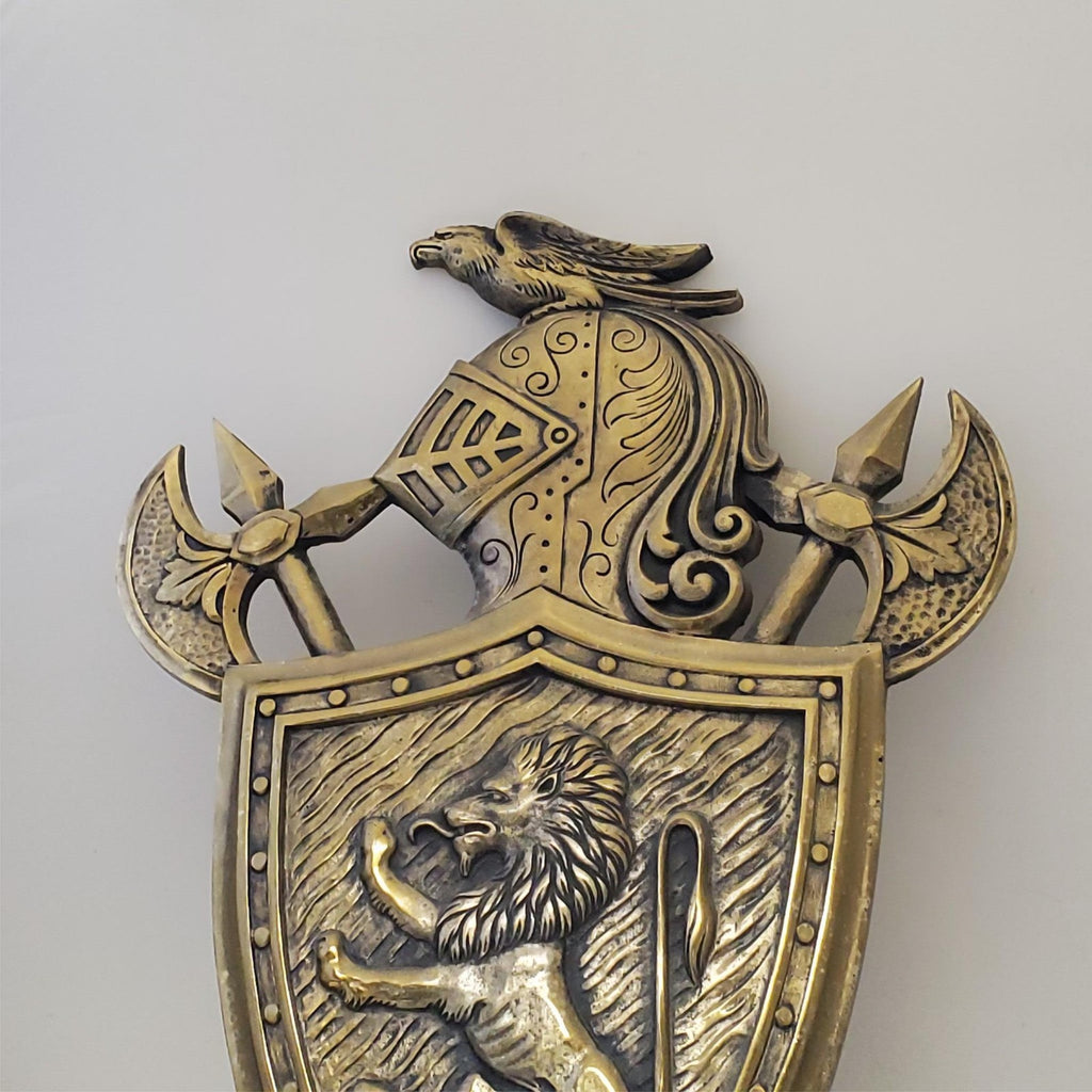 Vintage Brass Wall Plaque Knight Shield Coat of Arms Japan Lion & Battle Decor