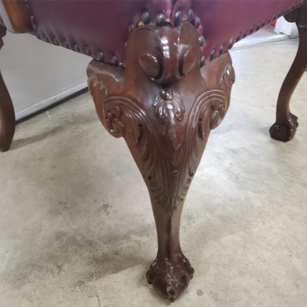Antique Vintage Red Leather and Carved Owl Wood Armchair Law Office Chair