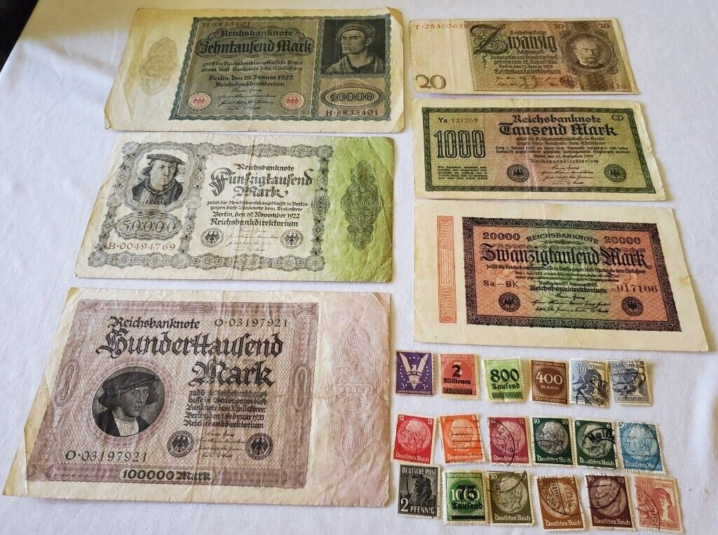German Reichsbanknote 5000/100000/20000/1000 Mark Banknote and Lot German Stamps