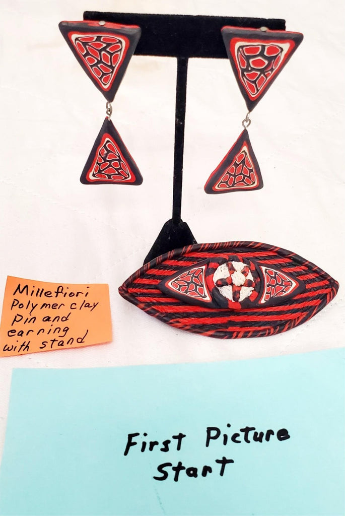 Millefiori Polymer Clay Pin and Earrings with Stand