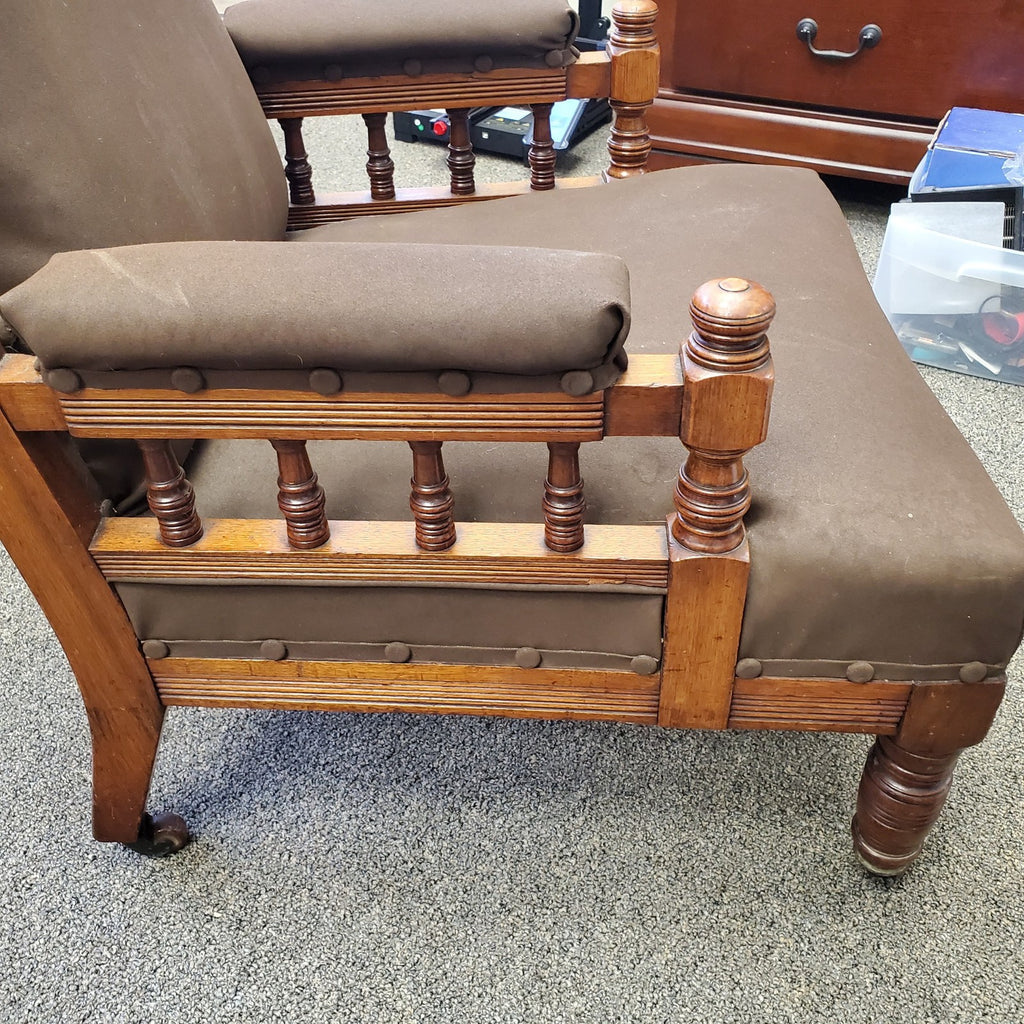 Antique Ornately Carved Wood Framed Fabric Victorian Throne Armchair
