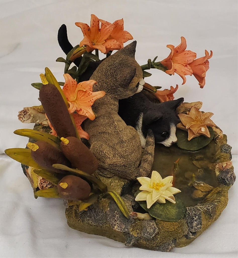 Lenox 2001 Afternoon Amazement Resin Cat Figurine Black & Gray Cats by Fish Pond