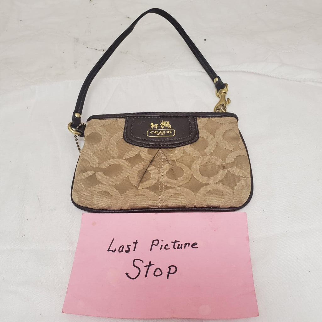 Vintage COACH Wristlet Khaki Brown Purse Leather Trim - Coach ID tag