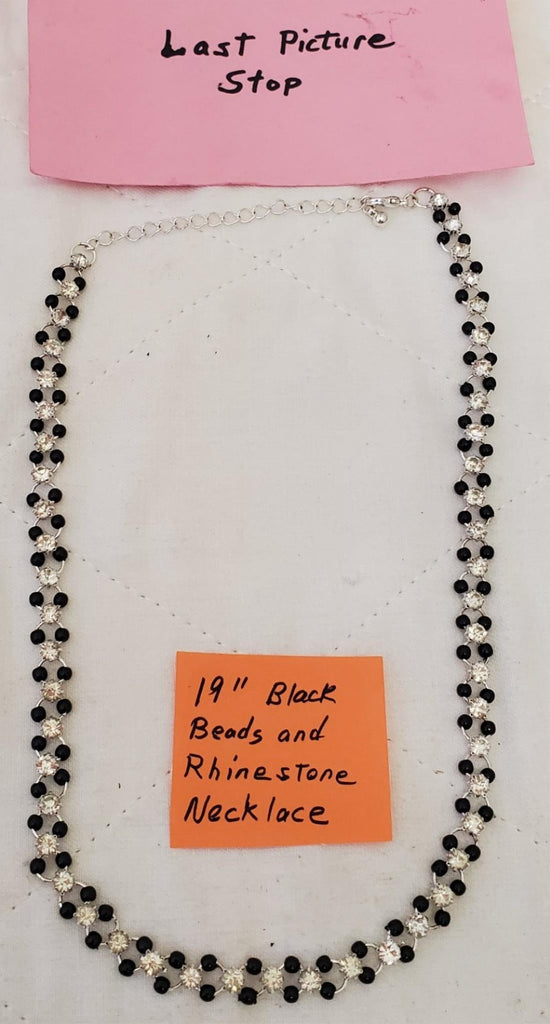 19" Black Beads and Rhinestone Link Chain Necklace