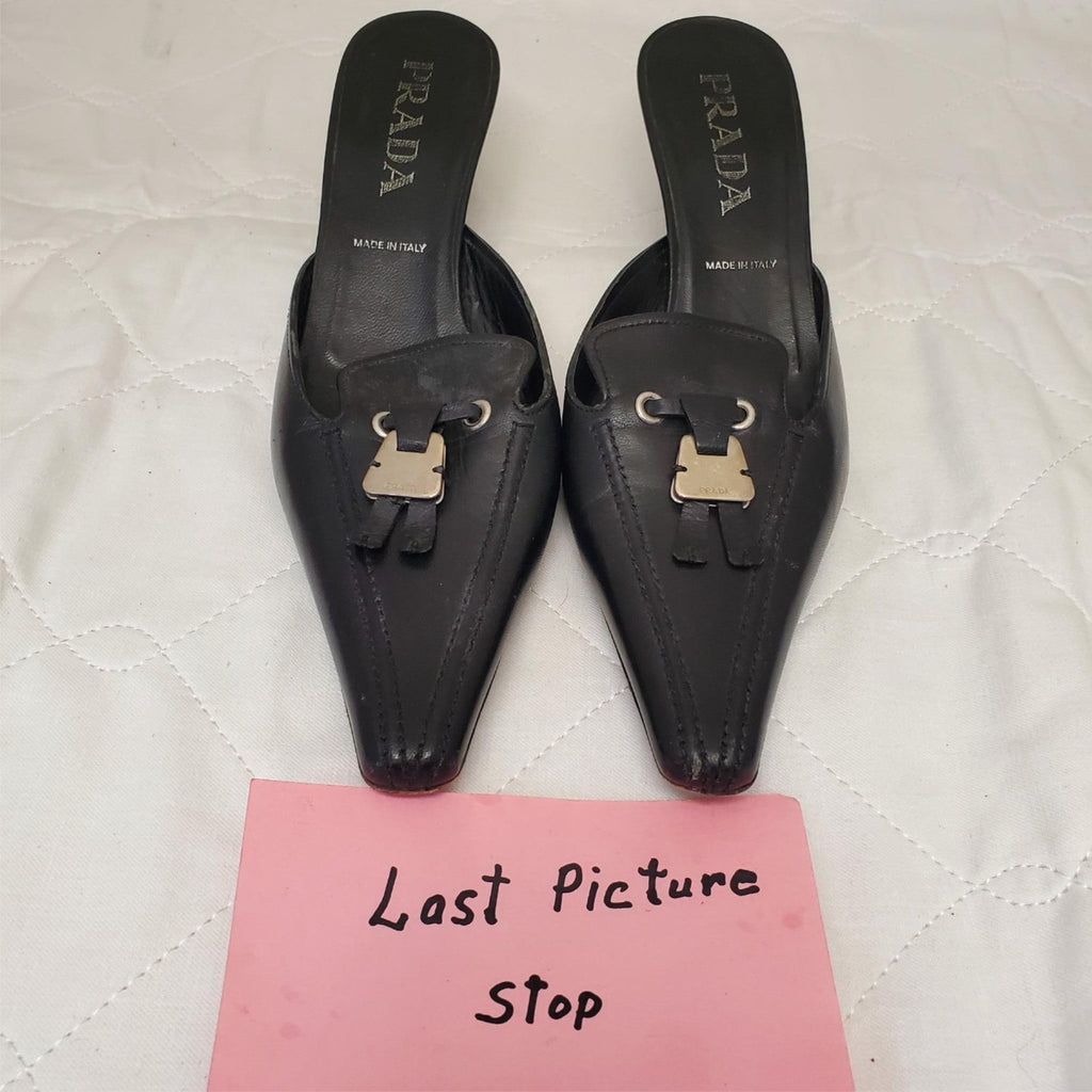 Prada 2000's Black Kitten Mule Heels with Silver Keychain Toe Strap
