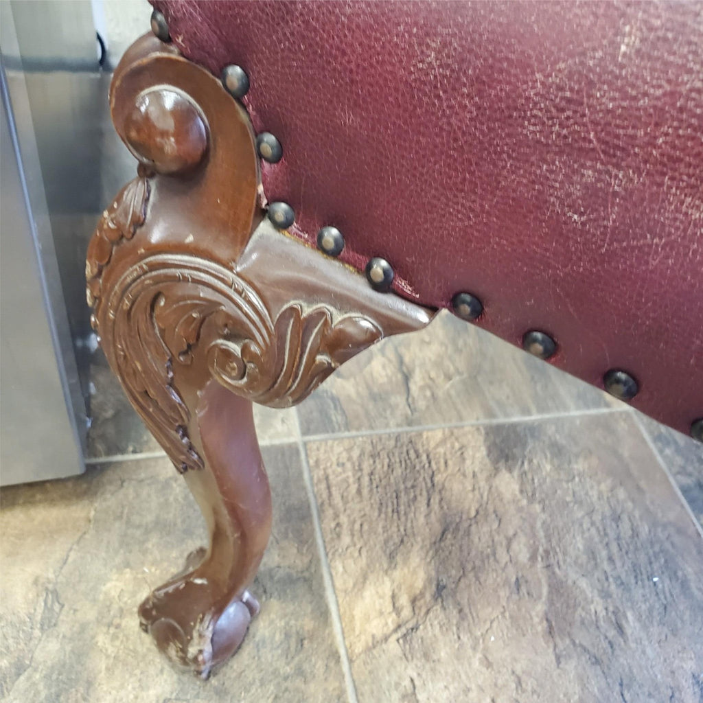 Vintage Antique Red Leather and Carved Owl Wood Armchair Law Office Chair