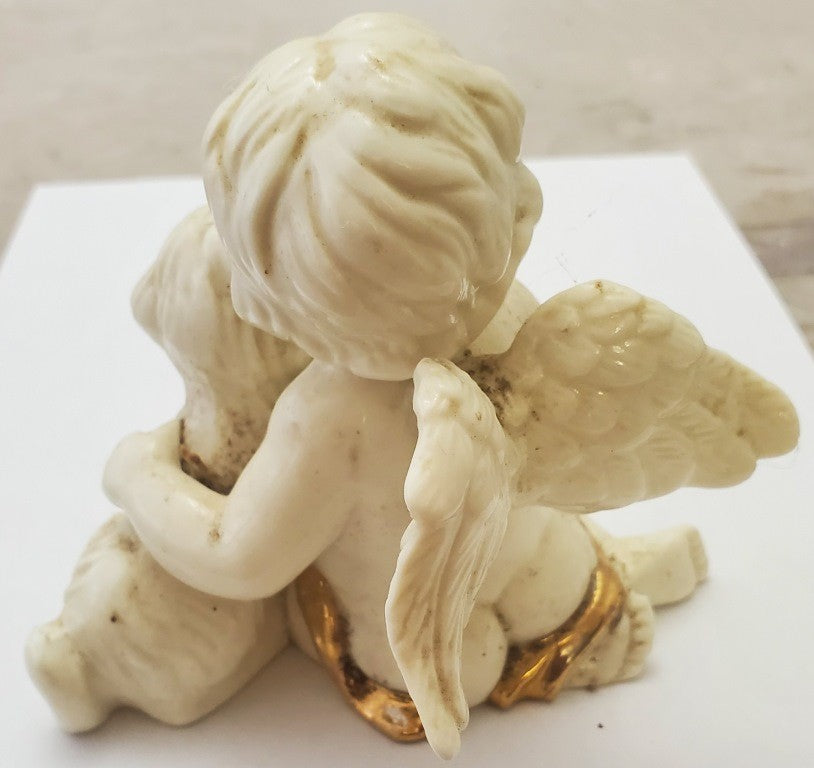 Vintage Used White Cherub Angel With Dog Statue