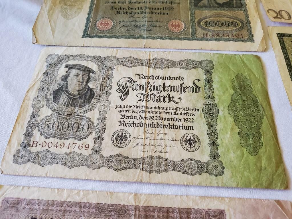 German Reichsbanknote 5000/100000/20000/1000 Mark Banknote and Lot German Stamps