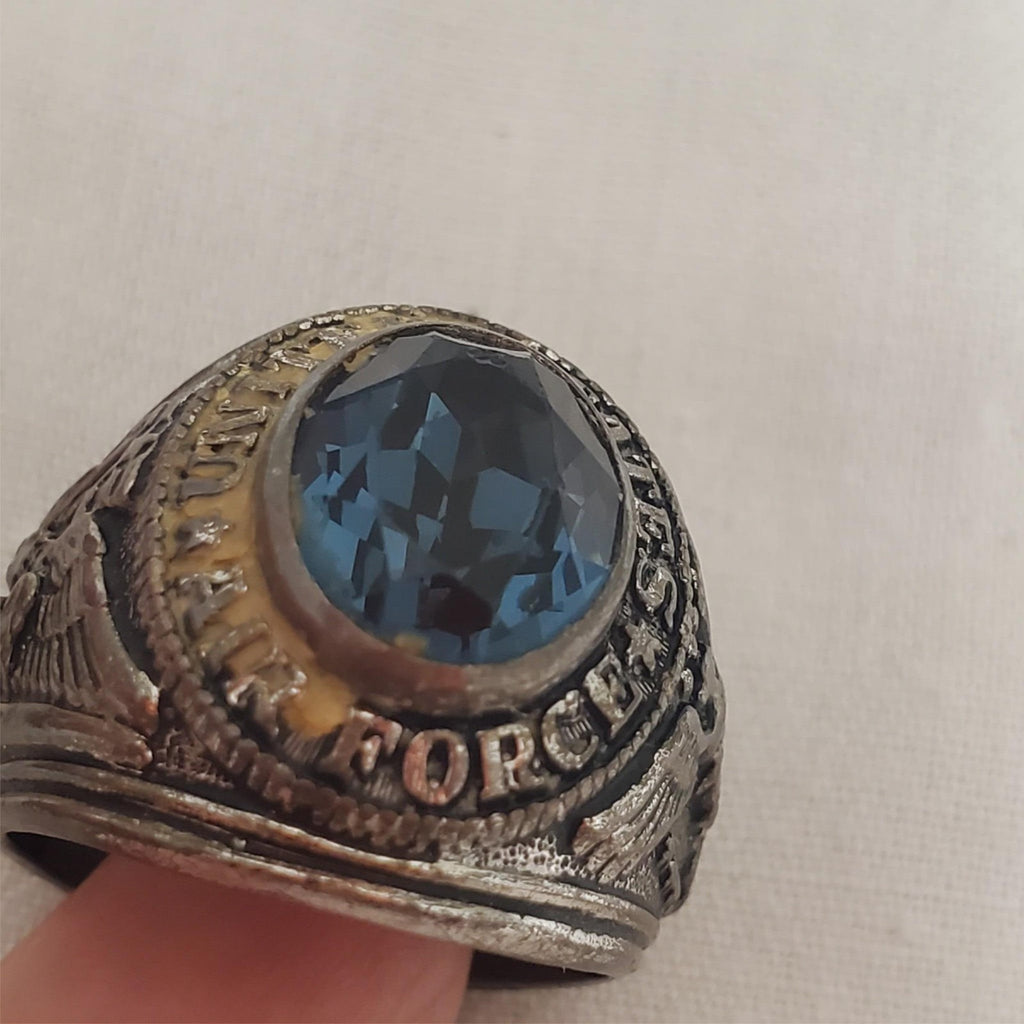 Sterling Silver Antique Art Deco Blue Glass US Air Force Ring