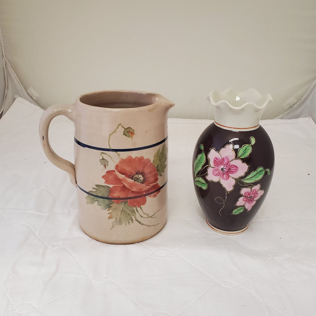 Vintage Japan Pitcher Cherry Blossom and Vase Hand Painted Porcelain