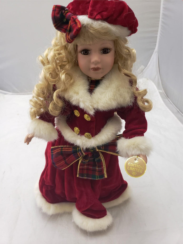 Vintage Original Christmas Blessings Porcelain Praying Doll Red Dress Hat