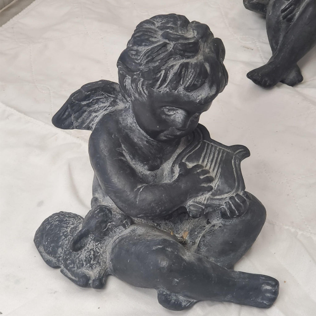 Pair of Black Angel Figurines Harp & Seated Cherub Statues
