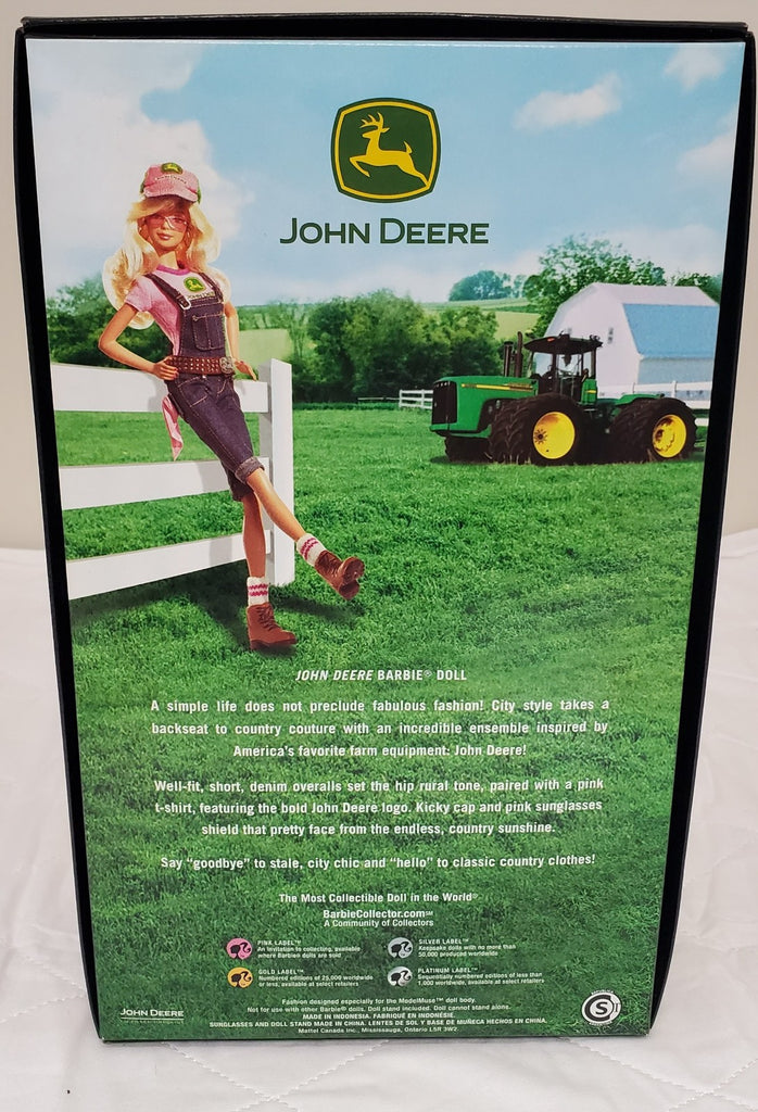 Barbie John Deere Collector Doll Pink Shirt Overalls Farm Girl Tractor Box