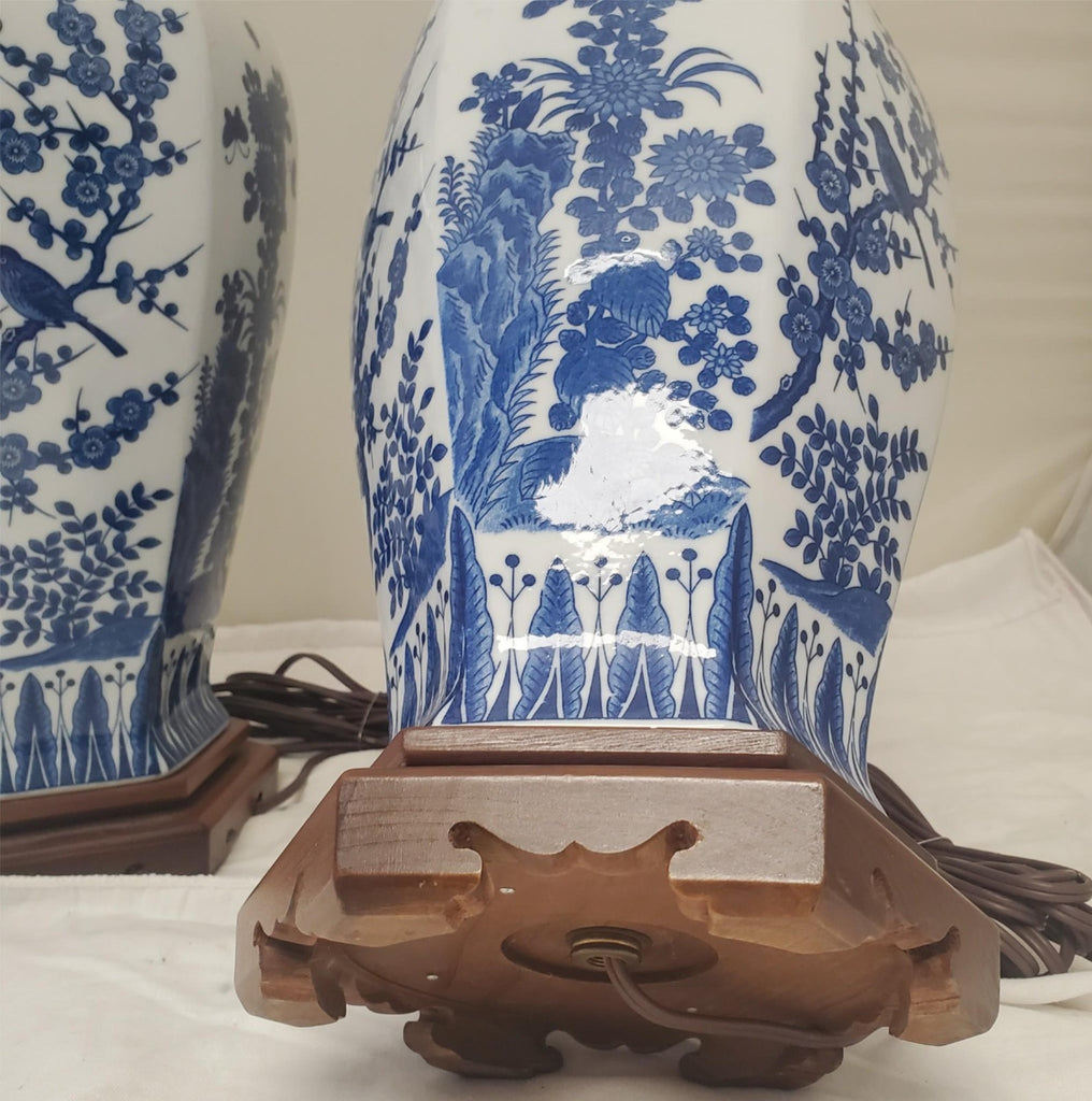 Lot of 2 Vintage Chinese Blue & White Jar Table Lamp