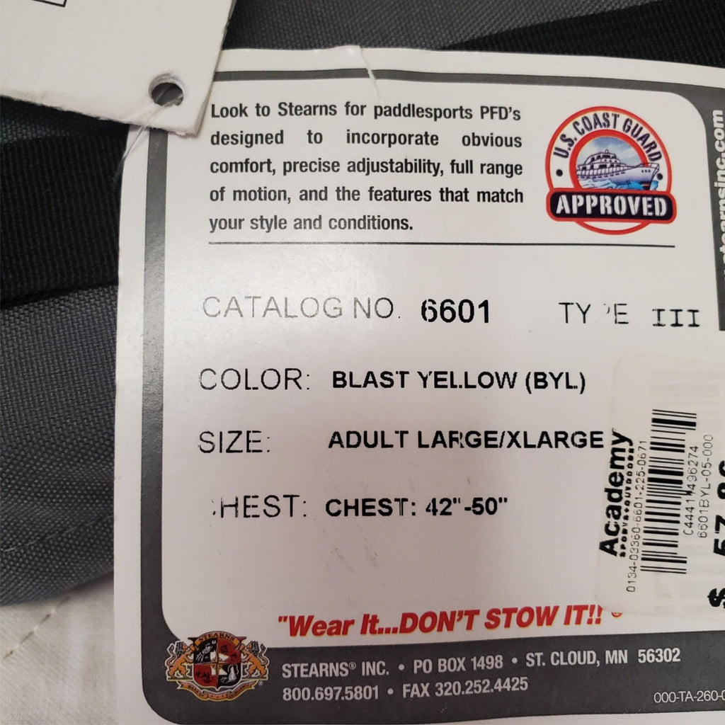 Stearns Watersports Life Jacket Catalog 6601 Type 3 PFD Adult Large 42-50 Inches