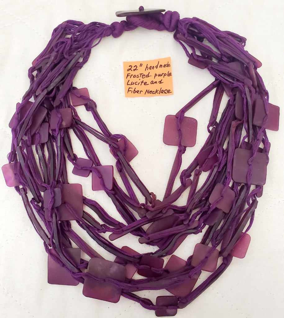 22" Hand Made Frosted Purple Lucite and Fiber Necklace