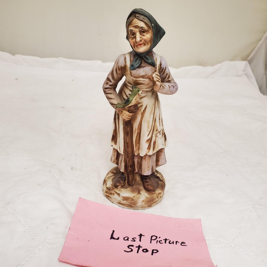 Vintage 1978 Old Lady Porcelain with Bird & Walking Stick Figurine 