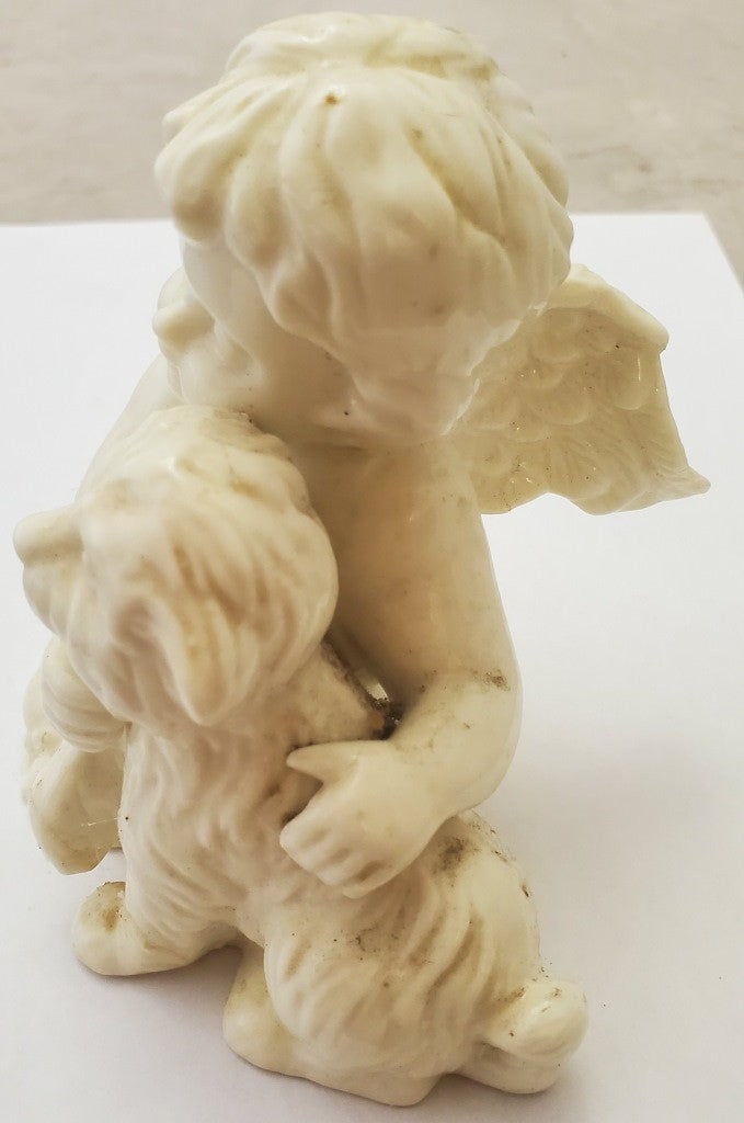 Vintage Used White Cherub Angel With Dog Statue