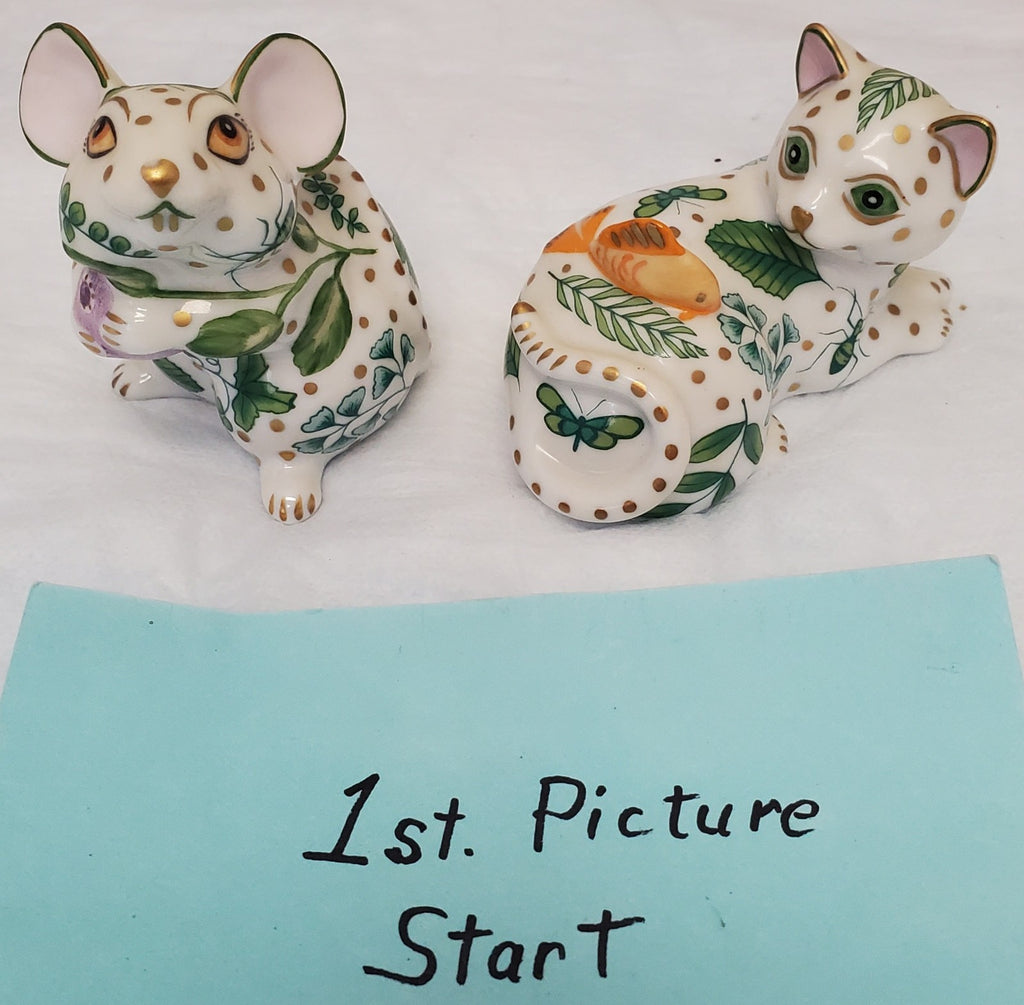 Vintage Lynn Chase Hollohaza Hungary Cat & Mouse Porcelain Figurines