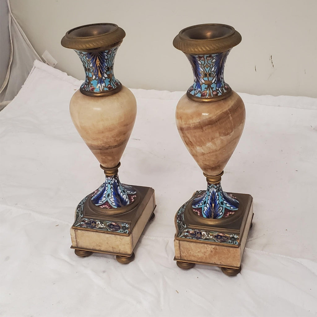 Antique French Champleve Enamel Brass Candle Holders Pair Ornate 6 1/8" Tall