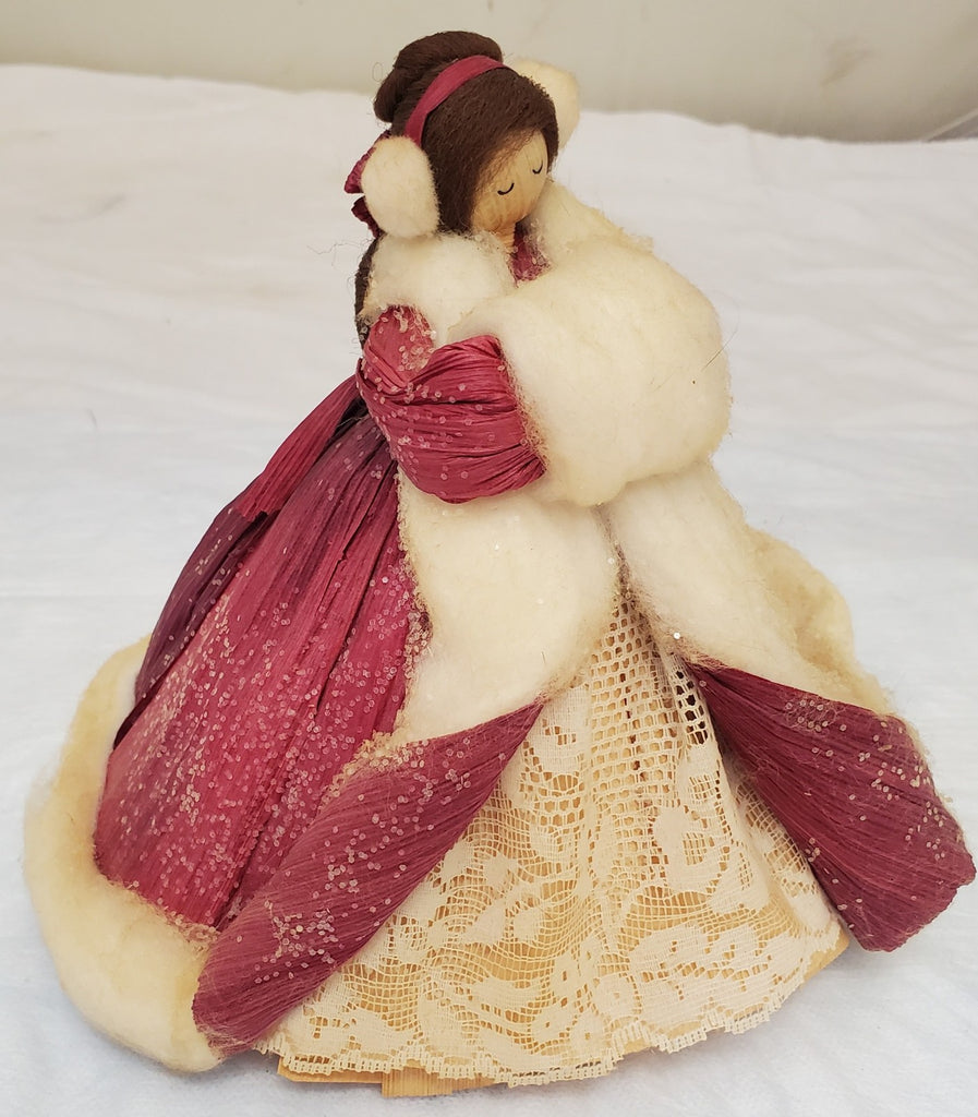 Vintage Handmade Red Velvet Doll w/ Lace & Fur Trim Coat Collector Figurine