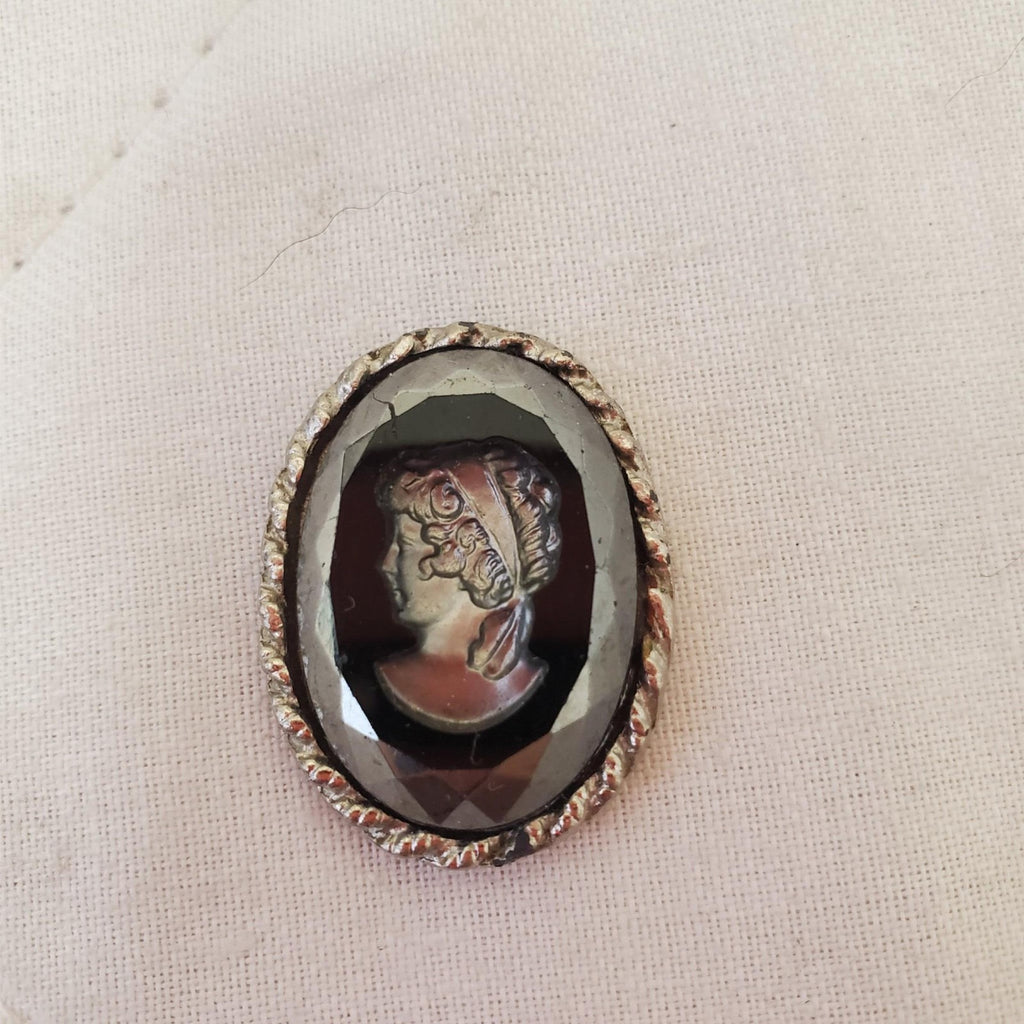 Vintage Silver and Glass Reverse Cut Brooch Oval Pin Victorian Lady Face