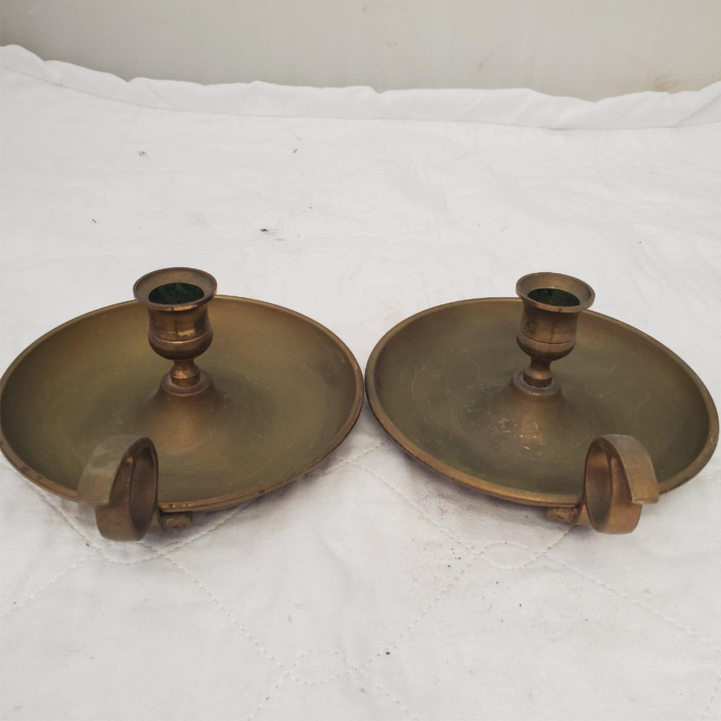 Set of 2 Vintage Brass Chamberstick Candle Holder with finger loop