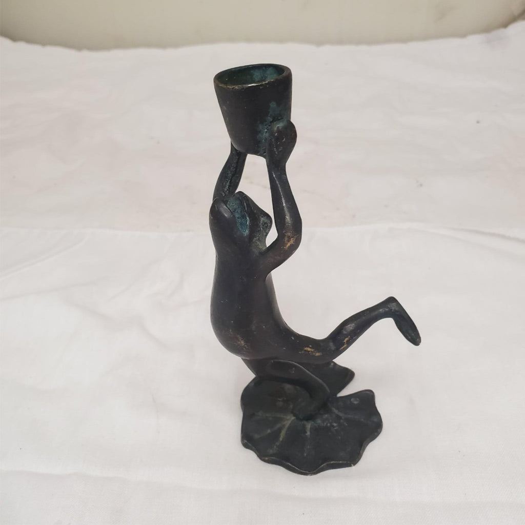 Vintage SPI Home Bronze Open Mouth Dancing Frog Candle Holder On LilyPad