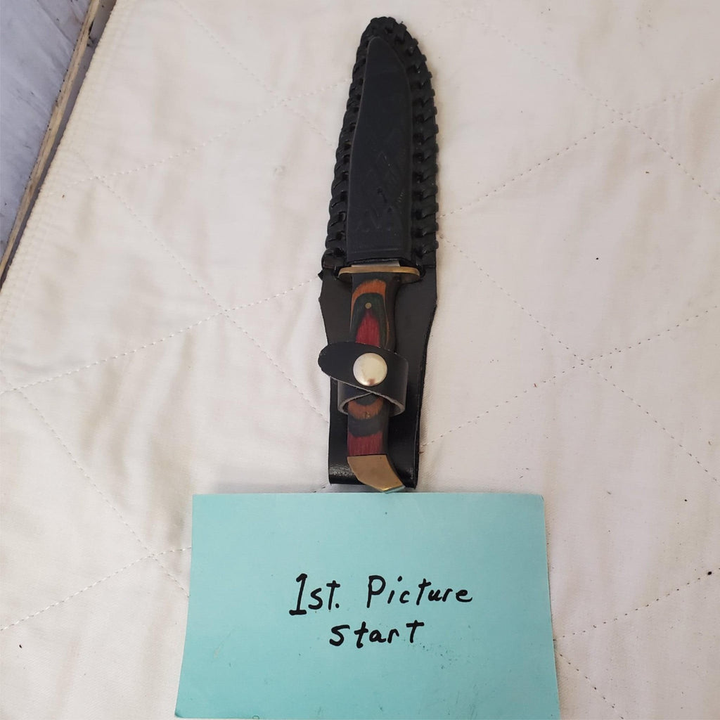 Fixed Hunting Knife Wood Layered Handle Leather Sheath
