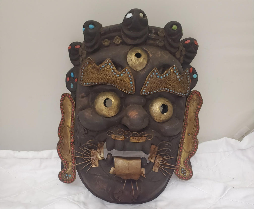 Tibetan Mahakala Mask Hand Carved Wood Protective Deity Wall Hanging