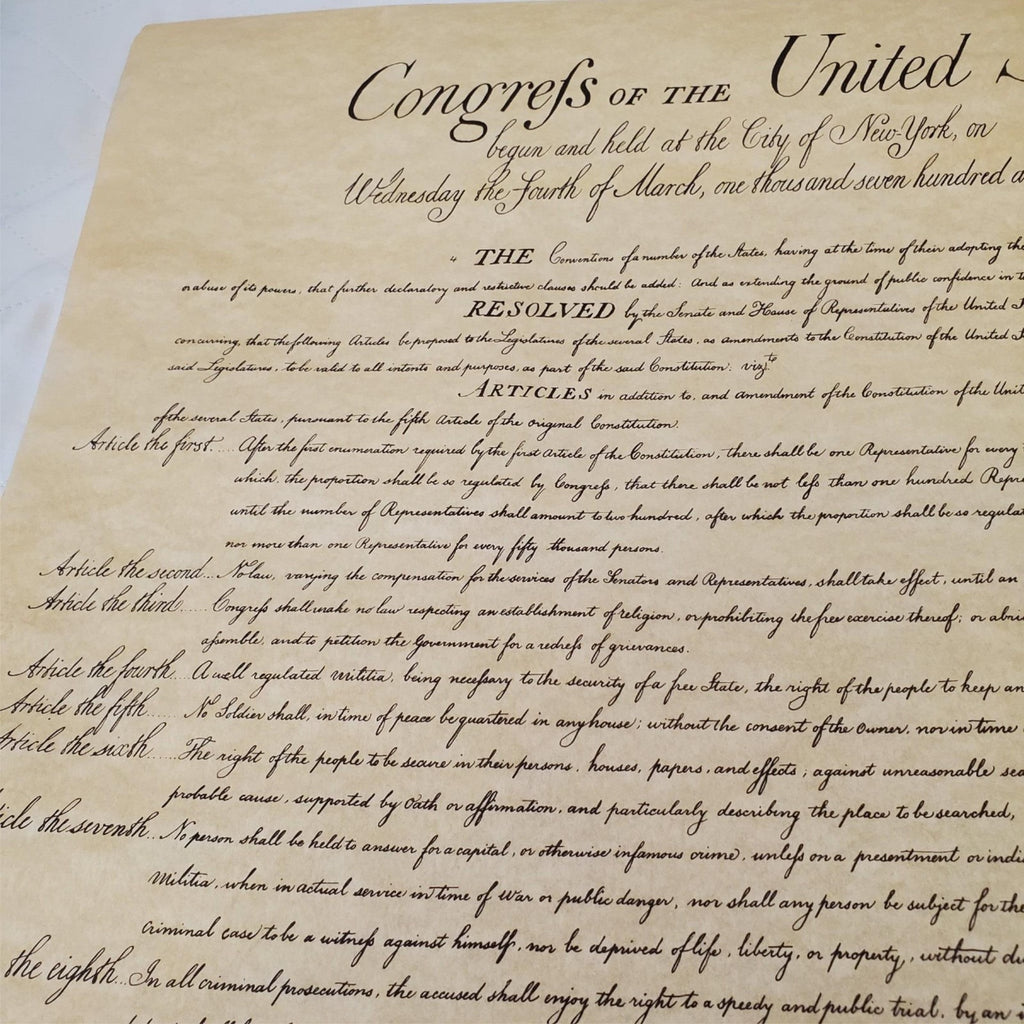 Bill of Rights Poster on Hand-Finished Antiqued Parchment Paper
