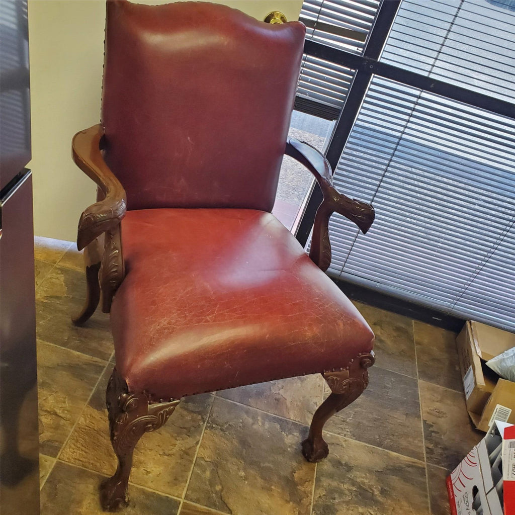 Vintage Antique Red Leather and Carved Owl Wood Armchair Law Office Chair