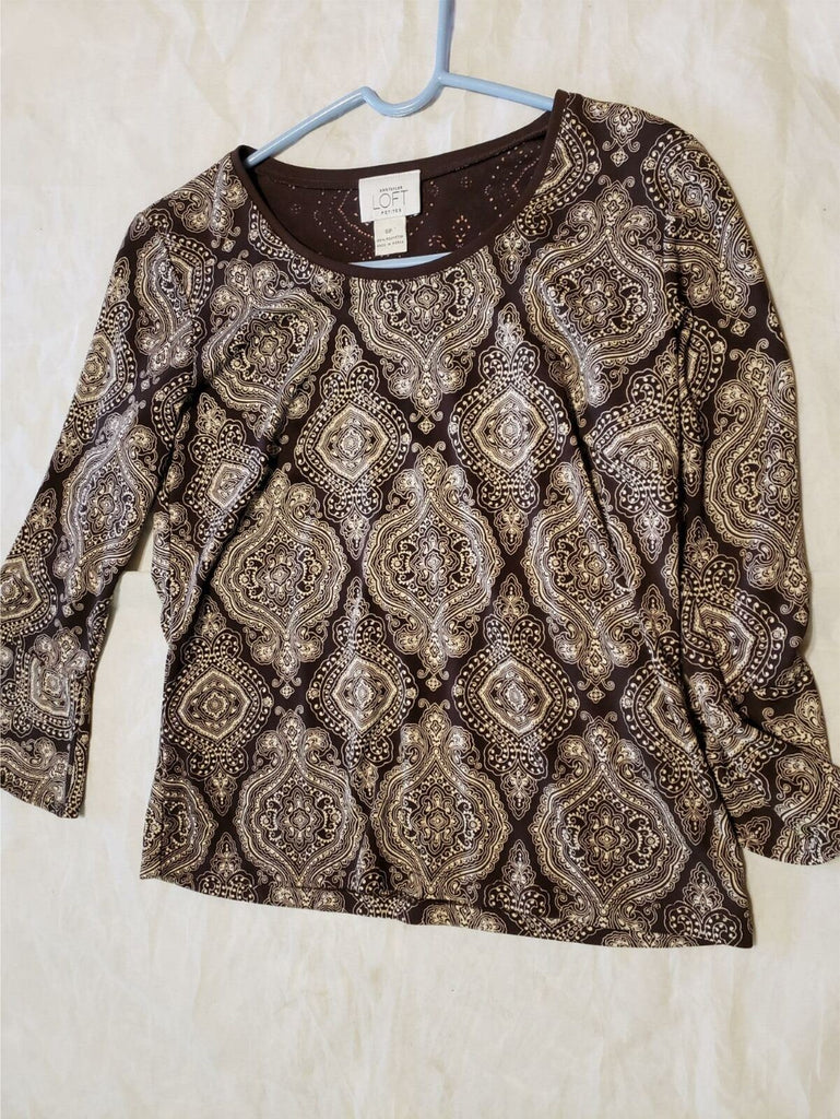 Ann Taylor LOFT Women Blouse Top Size SP Long Sleeve Print MultiColor Round Neck