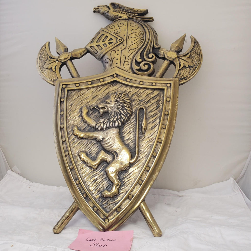 Vintage Brass Wall Plaque Knight Shield Coat of Arms Japan Lion & Battle Decor