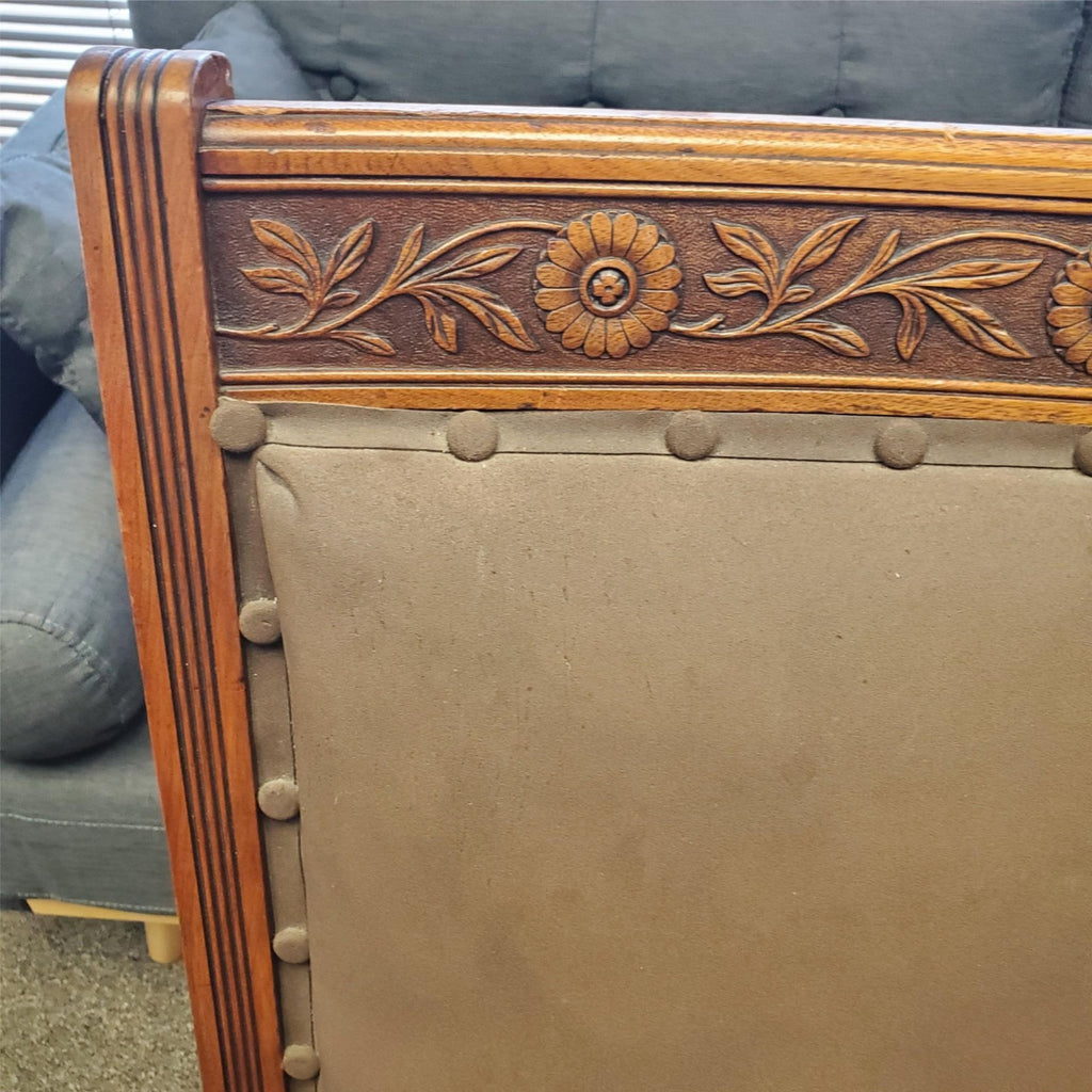 Vintage Antique Ornately Carved Wood Framed Fabric Victorian Throne Armchair
