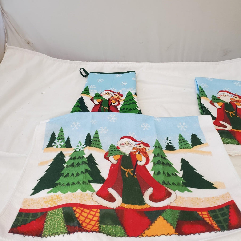 Set of 4 Christmas Santa Kitchen Towel, Oven Mitt & Pot Holder