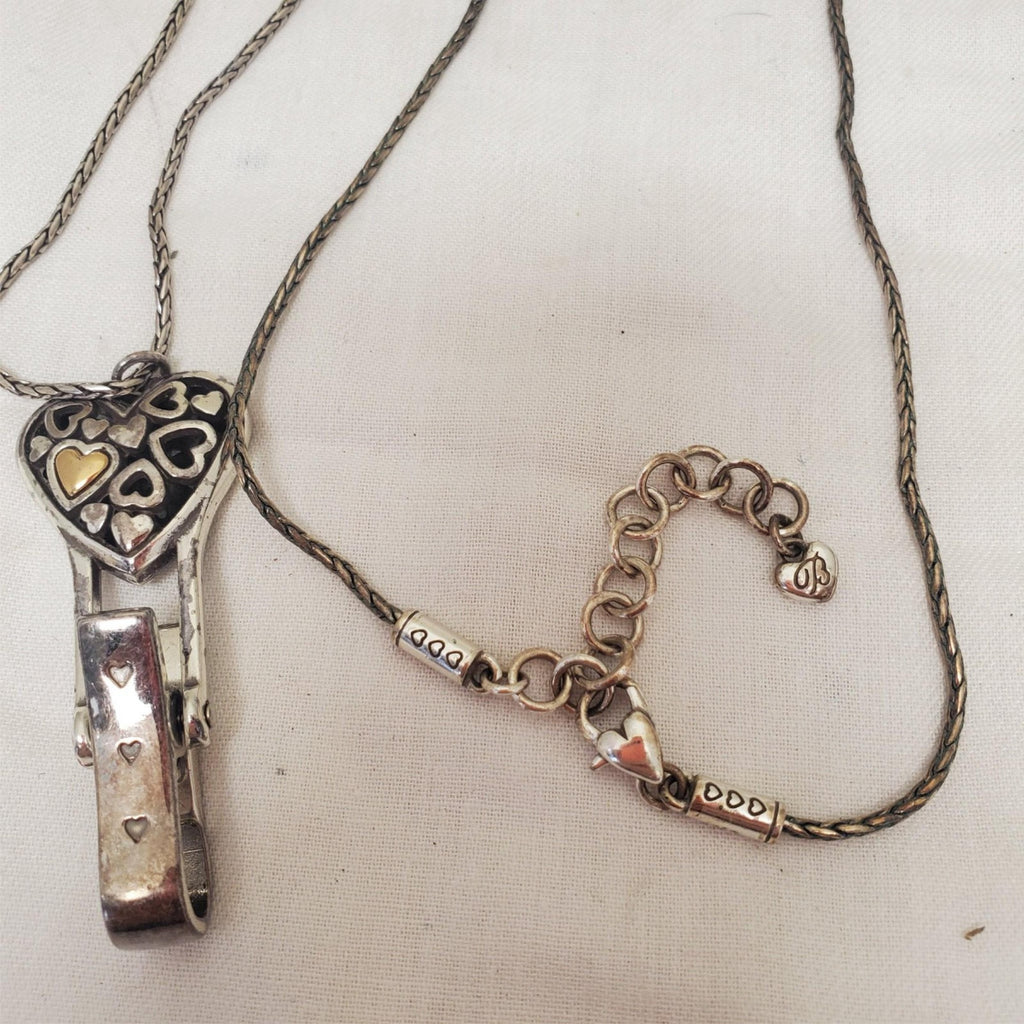 Brighton Floating Hearts Badge Clip Necklace, Silver Textured Curb Link Bracelet