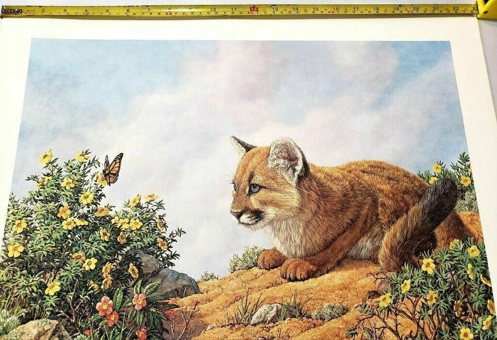 Vintage Cat Art Print with Butterfly and Flowers by James Efarish