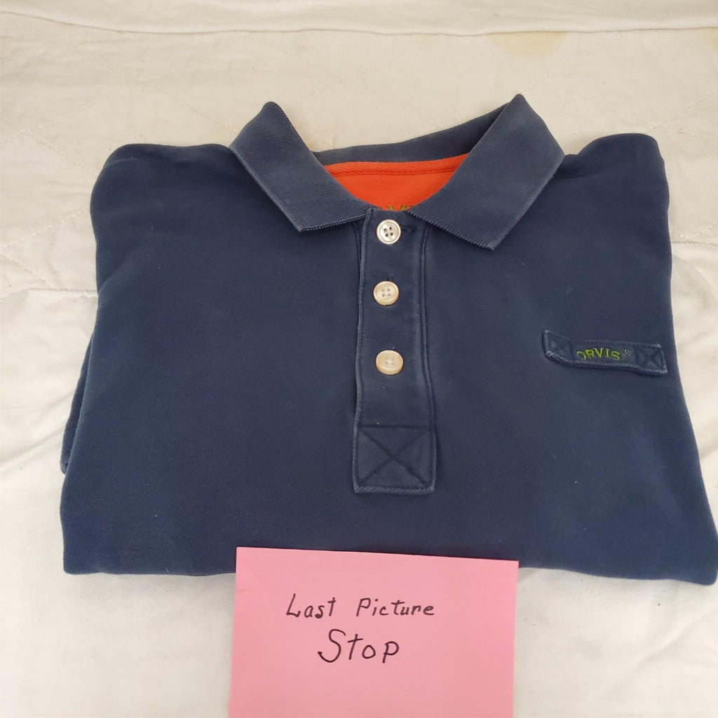 Orvis Men's Blue Short Sleeve Size L-T Polo Shirt with Orange Collar