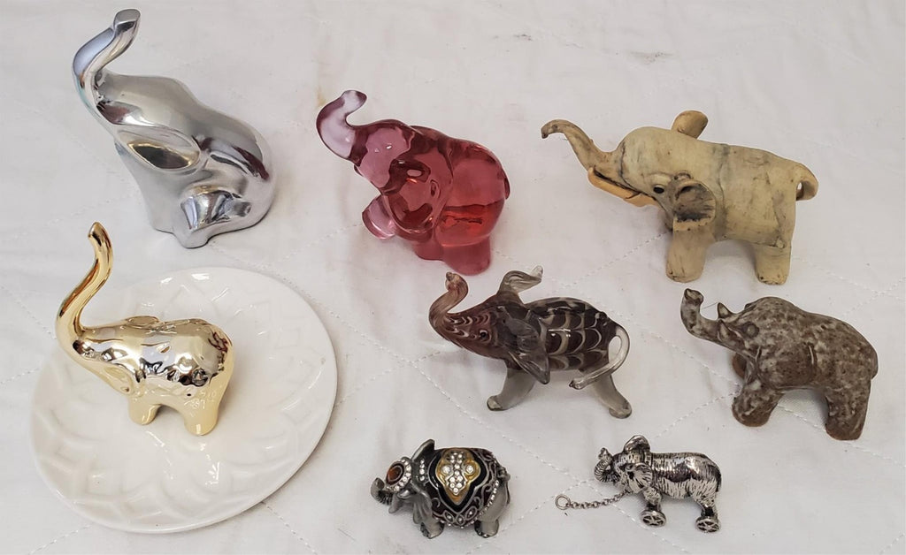 Lot of 8 Brass, Marble, Crystal, Ceramic & Porcelain Elephants Figurines