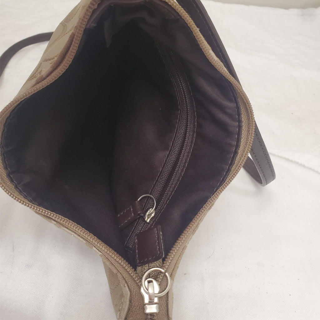 Vintage COACH Wristlet Khaki Brown Purse Leather Trim with Coach ID tag