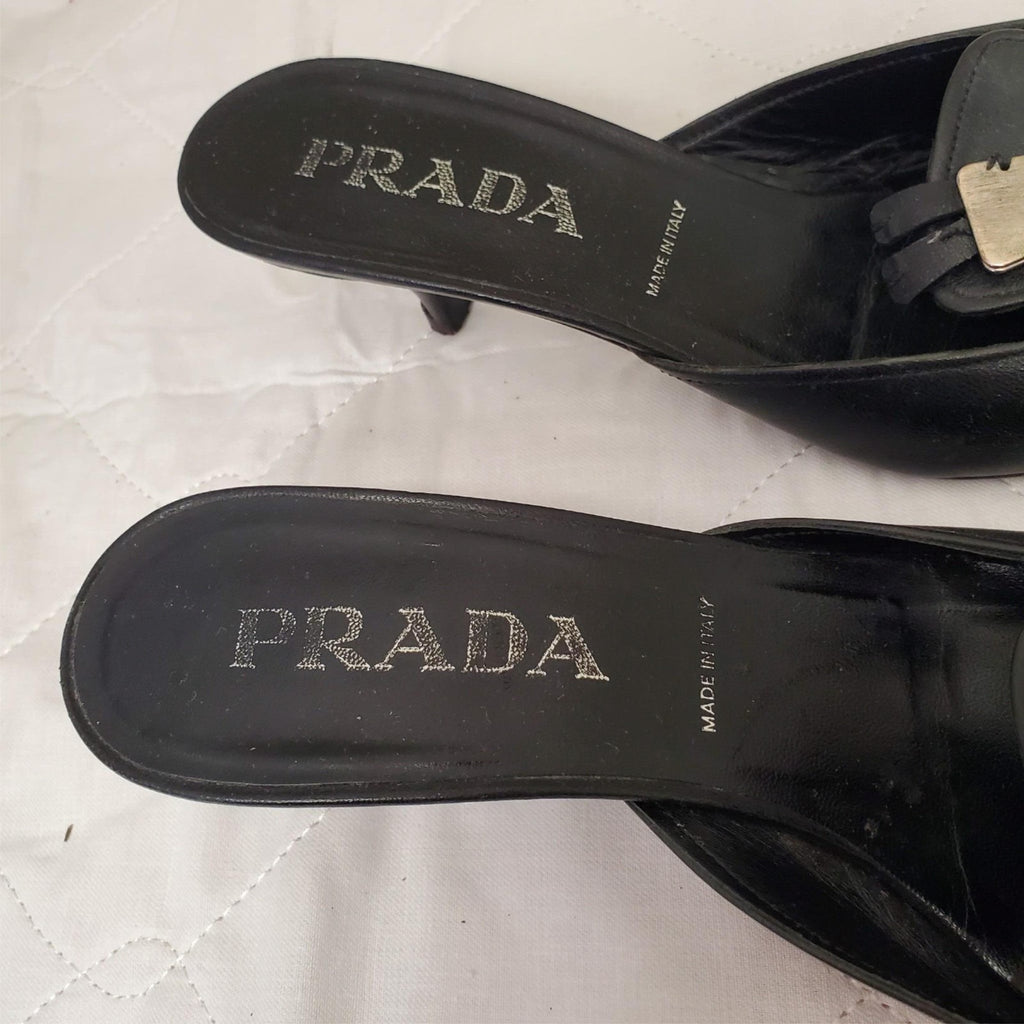 Prada 2000's Black Kitten Mule Heels with Silver Keychain Toe Strap