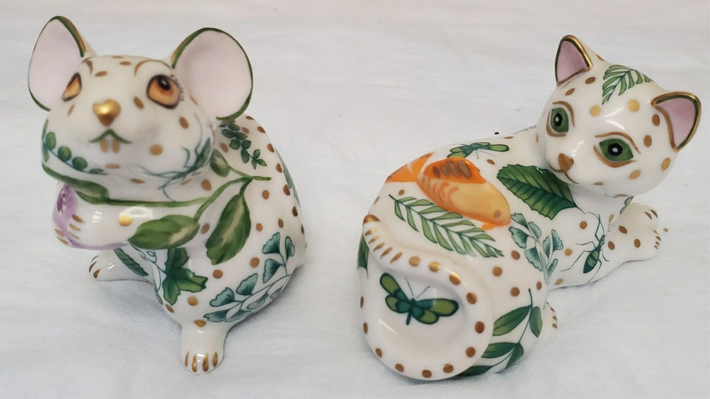 Vintage Lynn Chase Hollohaza Hungary Cat & Mouse Porcelain Figurines