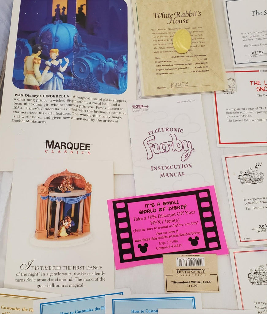 Large Lot of Disney Peanuts Certificate of Authenticity COA Paperwork