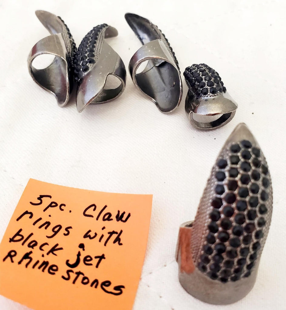 Set of 5 Claw Nail Rings with Jet Black Punk Crystal Rhinestone