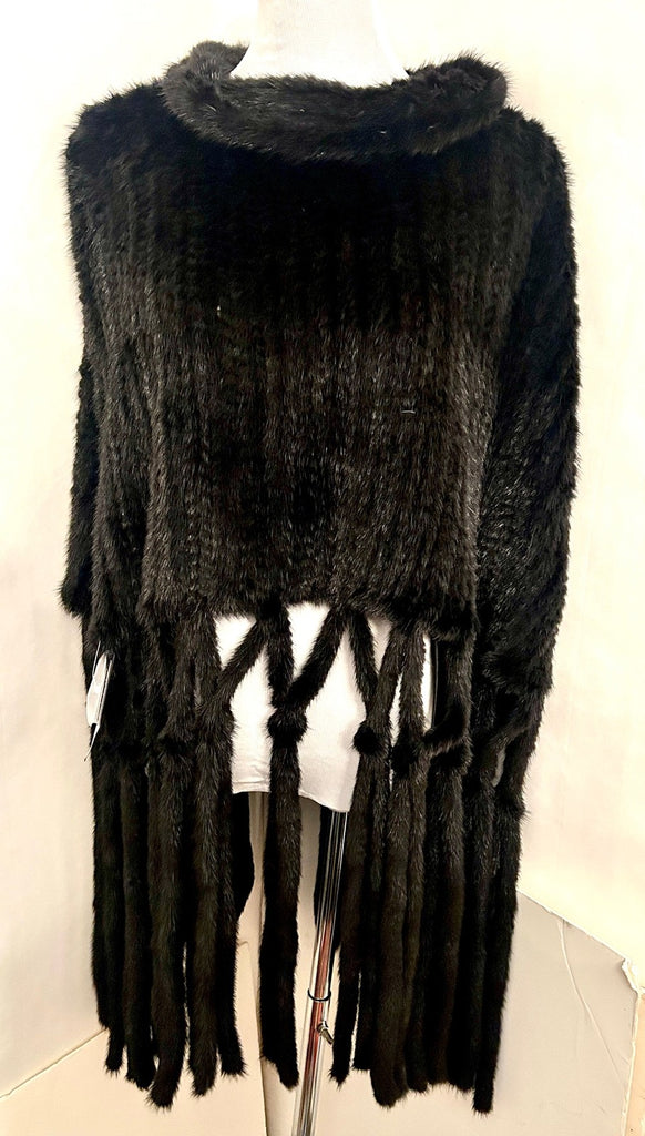 Saks Fifth Avenue MINK FUR Black Poncho Fringe One Size NWT Retail $1,495